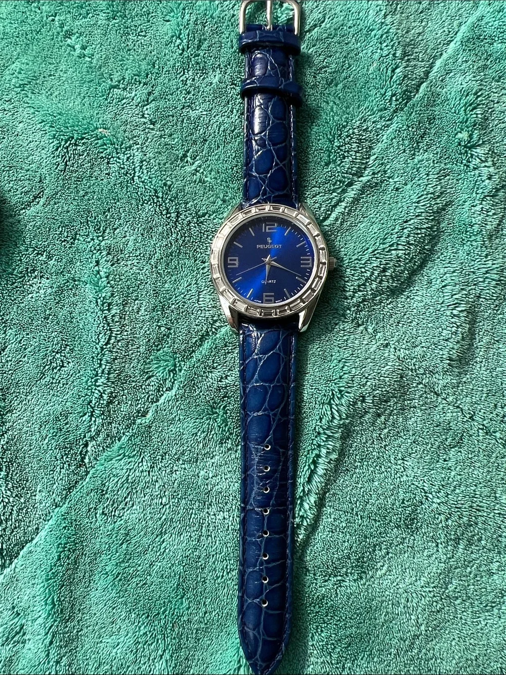 Peugeot Men's Blue Sunburst Dial Quartz Watch with Blue Croc Strap